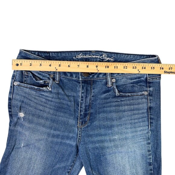 American Eagle AE77 High Rise Flare Jeans Womens 10 Blue Distressed Wide Leg - Picture 7 of 11